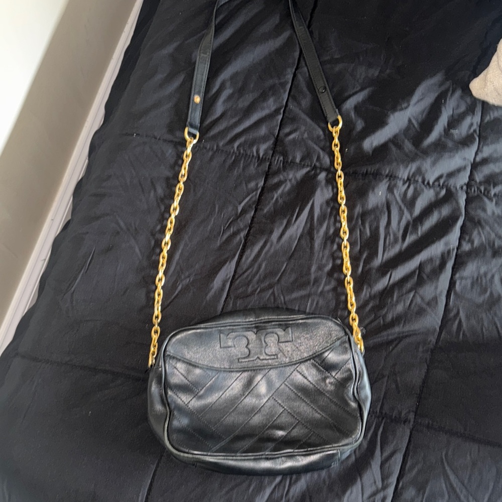 Black Leather Shoulder Bag with Gold Chain